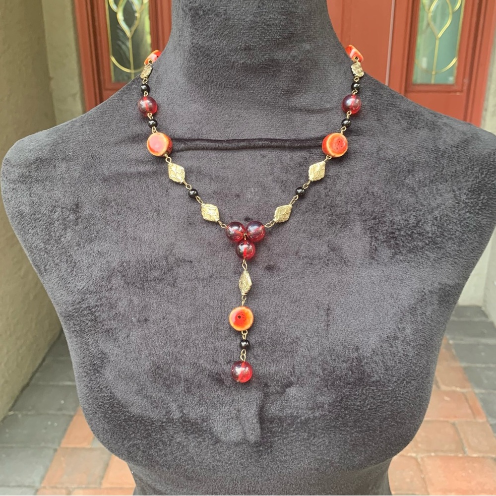 Boho Glam Y2K Red Beaded Y Necklace